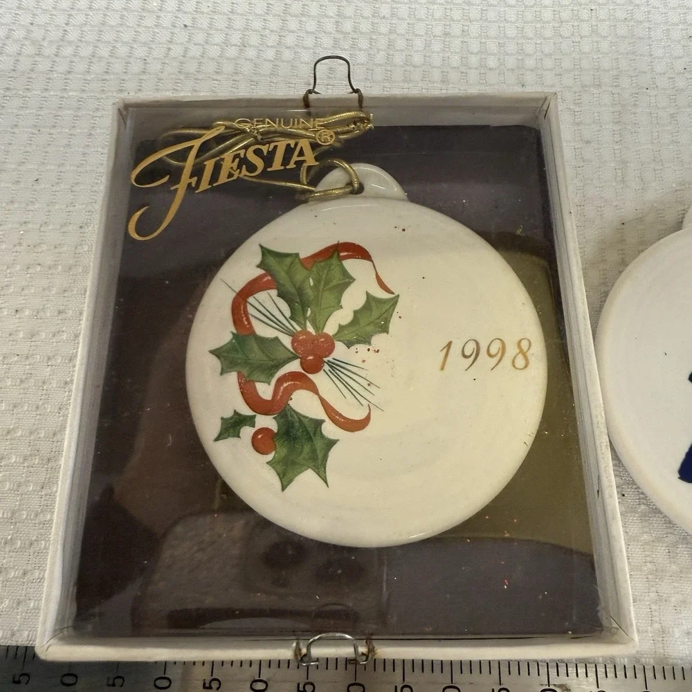 2 Vtg 98 Fiestaware‎ Fiesta Christmas Ornament White Blue Tree Homer Laughlin